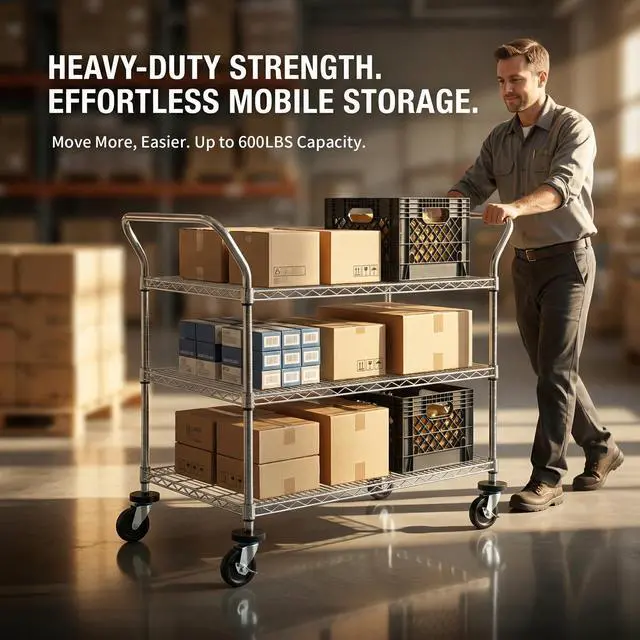Alt view image 6 of 7 - 3-Tier Commercial Grade Rolling Cart, Heavy Duty Utility Cart with Wheels and Handles, Metal Kitchen Carts on Wheels with 600 lbs Capacity, Shelf Size 24" D x 40" W, NSF