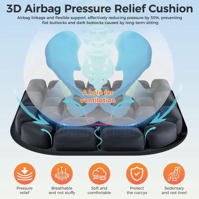 Alt view image 3 of 7 - Upgrade Travel Cushion with No External Air Pump, Airplane Seat Cushion for Long Flights, Portable Wheelchair Cushions, Adjustable Air Cushion with Non-Skid Bottom Relief Discomfort in Coccyx