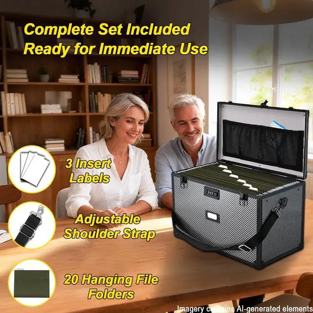 Alt view image 2 of 7 - Hanging File Box for Legal, All-in-one set with 20 Folders | Portable Locking Filing Storage Box with Handle & Shoulder strap, Lockable File Cabinet Documents Safe, Lockbox Doc Organizer