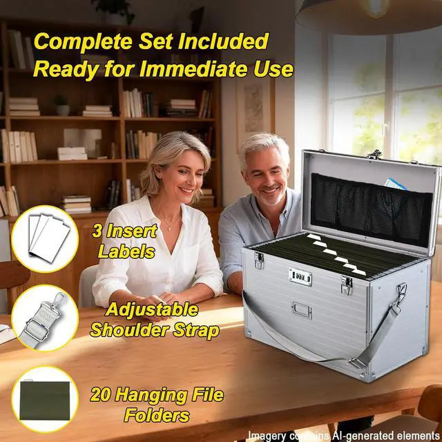 Alt view image 2 of 7 - Hanging File Box for Legal, All-in-one set with 20 Folders | Portable Locking Filing Storage Box with Handle & Shoulder strap, Lockable File Cabinet Documents Safe, Lockbox Doc Organizer