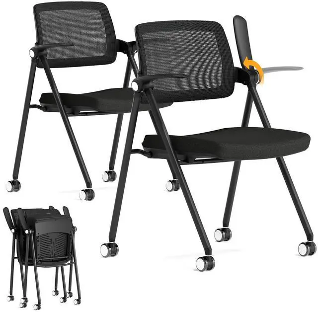 Main image of Stackable & Foldable Office Chair Set of 2, Folding Desk Chair with Flip-Up Armrest, Breathable Mesh, Thick Seat Cushion & Rocking Backrest, Conference Room Chair with Wheel (Black)