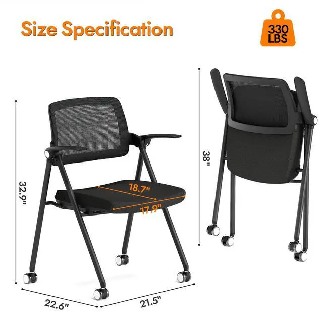 Alt view image 2 of 7 - Stackable & Foldable Office Chair Set of 2, Folding Desk Chair with Flip-Up Armrest, Breathable Mesh, Thick Seat Cushion & Rocking Backrest, Conference Room Chair with Wheel (Black)