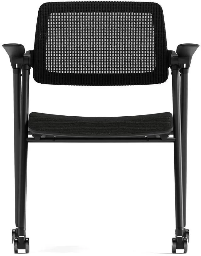 Alt view image 3 of 7 - Stackable & Foldable Office Chair Set of 2, Folding Desk Chair with Flip-Up Armrest, Breathable Mesh, Thick Seat Cushion & Rocking Backrest, Conference Room Chair with Wheel (Black)