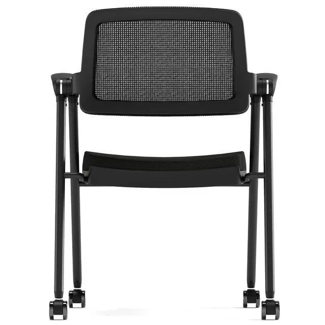 Alt view image 5 of 7 - Stackable & Foldable Office Chair Set of 2, Folding Desk Chair with Flip-Up Armrest, Breathable Mesh, Thick Seat Cushion & Rocking Backrest, Conference Room Chair with Wheel (Black)