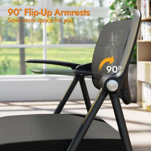 Alt view image 6 of 7 - Stackable & Foldable Office Chair Set of 2, Folding Desk Chair with Flip-Up Armrest, Breathable Mesh, Thick Seat Cushion & Rocking Backrest, Conference Room Chair with Wheel (Black)