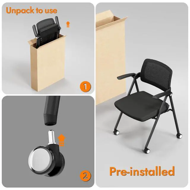 Alt view image 7 of 7 - Stackable & Foldable Office Chair Set of 2, Folding Desk Chair with Flip-Up Armrest, Breathable Mesh, Thick Seat Cushion & Rocking Backrest, Conference Room Chair with Wheel (Black)