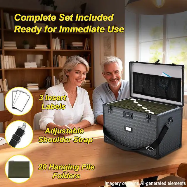 Alt view image 2 of 7 - Hanging File Box for Legal, All-in-one set with 20 Folders | Portable Locking Filing Storage Box with Handle & Shoulder strap, Lockable File Cabinet Documents Safe, Lockbox Doc Organizer