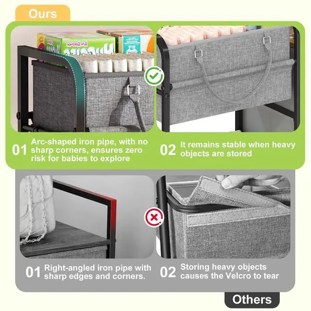 Alt view image 2 of 7 - 2In1 Baby Diaper Caddy Organizer and Storage, 3 Tier Rolling Cart with Dividers and Drawers, Mobile Utility Cart Baby Dresser Clothes Organizer for Changing Table, Crib Nursery, Bedroom, Grey