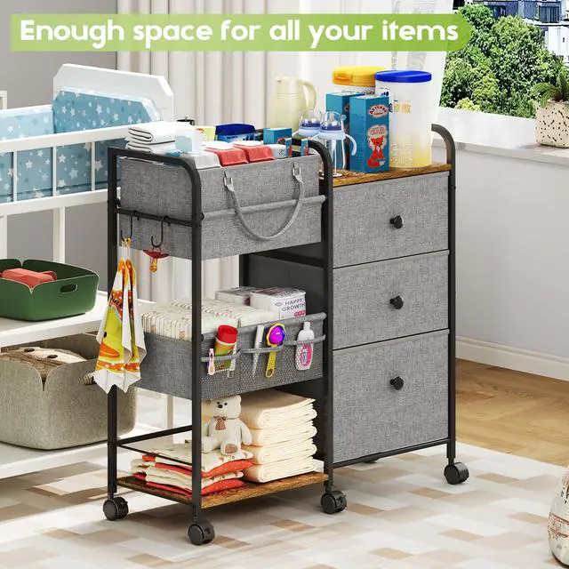 Alt view image 3 of 7 - 2In1 Baby Diaper Caddy Organizer and Storage, 3 Tier Rolling Cart with Dividers and Drawers, Mobile Utility Cart Baby Dresser Clothes Organizer for Changing Table, Crib Nursery, Bedroom, Grey