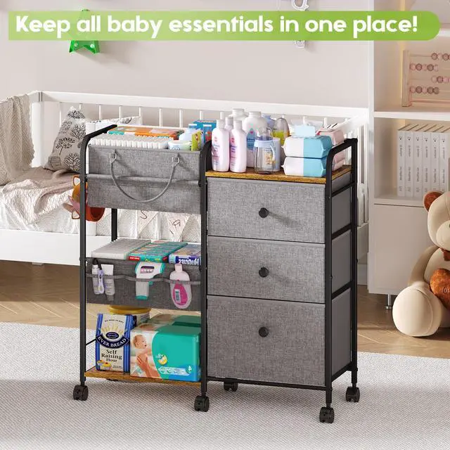 Alt view image 4 of 7 - 2In1 Baby Diaper Caddy Organizer and Storage, 3 Tier Rolling Cart with Dividers and Drawers, Mobile Utility Cart Baby Dresser Clothes Organizer for Changing Table, Crib Nursery, Bedroom, Grey