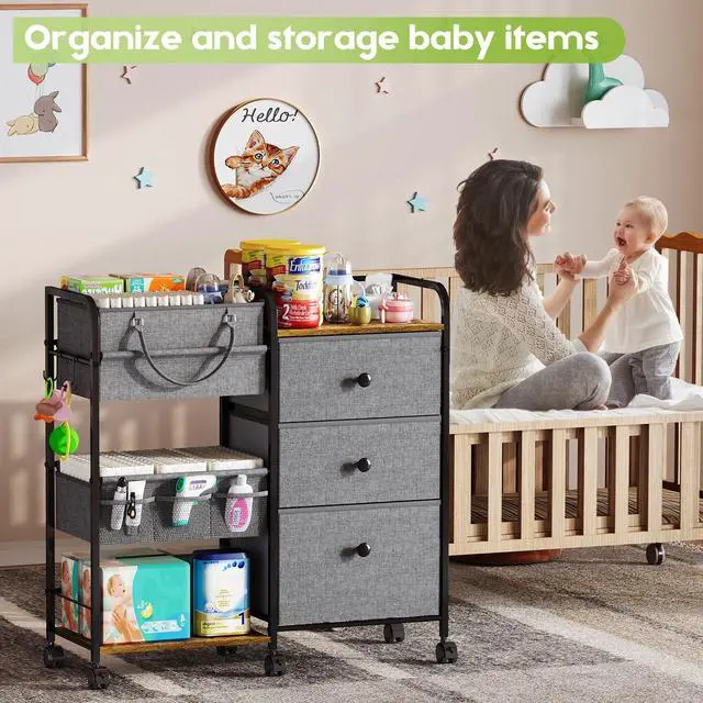 Alt view image 5 of 7 - 2In1 Baby Diaper Caddy Organizer and Storage, 3 Tier Rolling Cart with Dividers and Drawers, Mobile Utility Cart Baby Dresser Clothes Organizer for Changing Table, Crib Nursery, Bedroom, Grey
