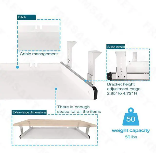 Alt view image 2 of 6 - Under Desk Keyboard Tray Heavy-Duty All-Metal Material 20/24/30 inches Platform Computer Drawer Organizer Home Office Kitchen Bedroom Garage Storage Tool - Easy to Install.(30 inches, White)