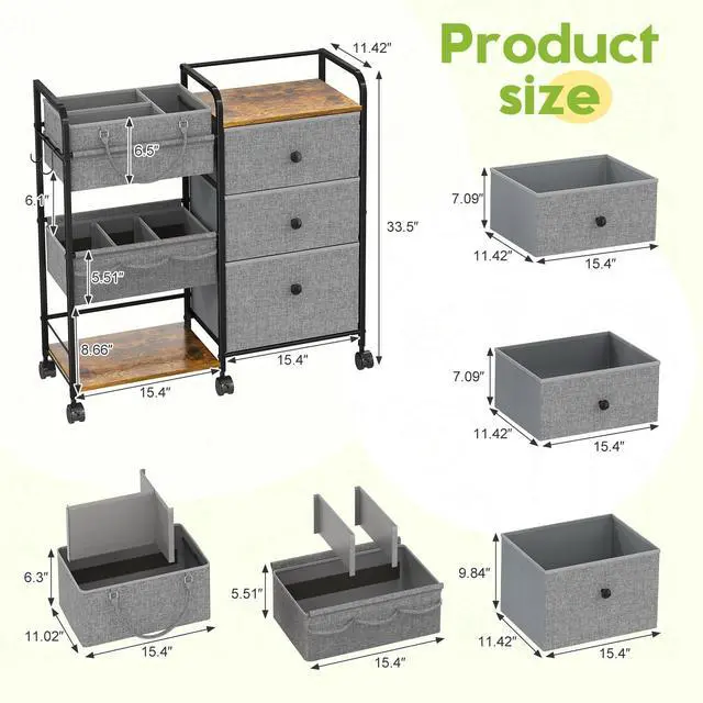 Alt view image 7 of 7 - 2In1 Baby Diaper Caddy Organizer and Storage, 3 Tier Rolling Cart with Dividers and Drawers, Mobile Utility Cart Baby Dresser Clothes Organizer for Changing Table, Crib Nursery, Bedroom, Grey
