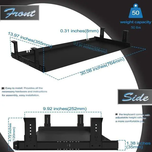 Alt view image 4 of 7 - Under Desk Keyboard Tray Heavy-Duty All-Metal Material 20/24/30 inches Platform Computer Drawer Organizer Home Office Kitchen Bedroom Garage Storage Tool - Easy to Install.(30 inches, Black)