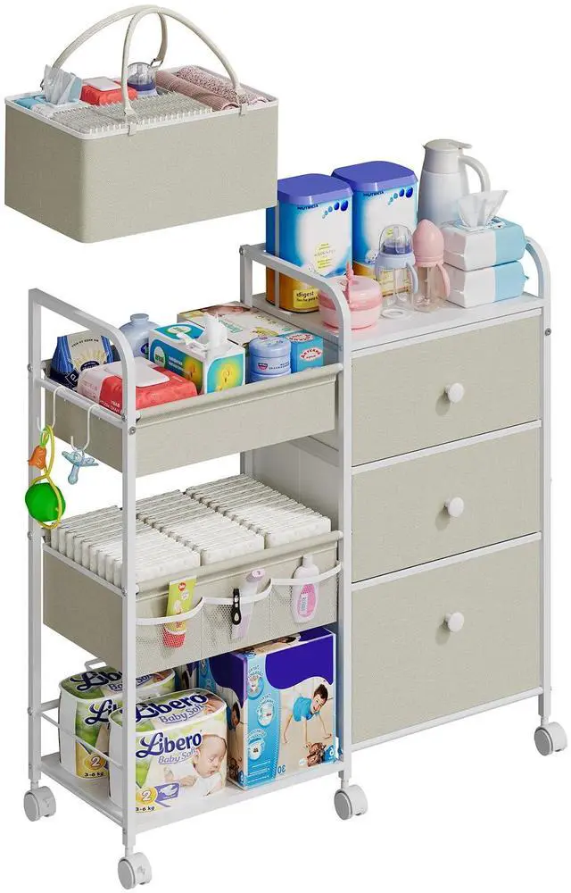 Main image of 2In1 Baby Diaper Caddy Organizers and Storage, 3 Tier Rolling Cart with Dividers and Drawers, Mobile Utility Cart Baby Dresser Clothes Organizer for Changing Table, Crib Nursery, Bedroom