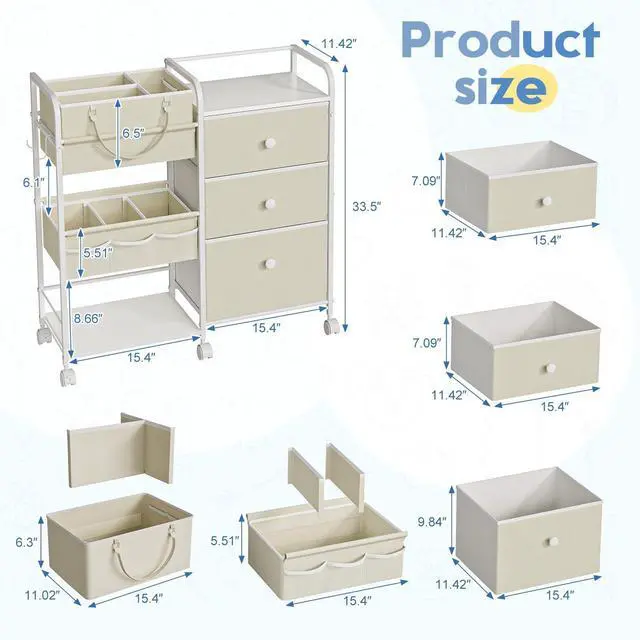 Alt view image 2 of 7 - 2In1 Baby Diaper Caddy Organizers and Storage, 3 Tier Rolling Cart with Dividers and Drawers, Mobile Utility Cart Baby Dresser Clothes Organizer for Changing Table, Crib Nursery, Bedroom