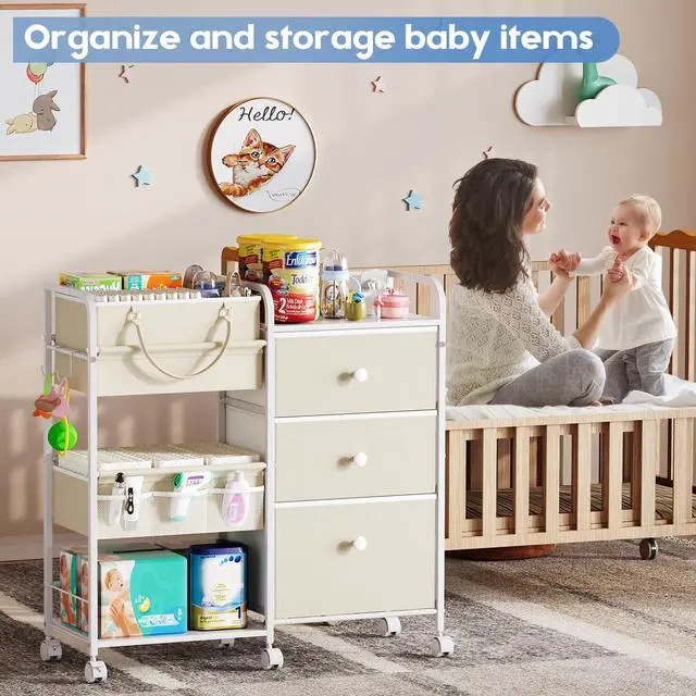 Alt view image 3 of 7 - 2In1 Baby Diaper Caddy Organizers and Storage, 3 Tier Rolling Cart with Dividers and Drawers, Mobile Utility Cart Baby Dresser Clothes Organizer for Changing Table, Crib Nursery, Bedroom