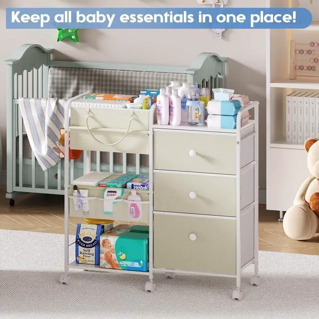 Alt view image 4 of 7 - 2In1 Baby Diaper Caddy Organizers and Storage, 3 Tier Rolling Cart with Dividers and Drawers, Mobile Utility Cart Baby Dresser Clothes Organizer for Changing Table, Crib Nursery, Bedroom