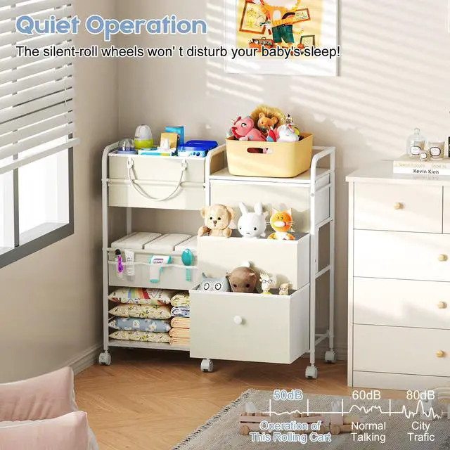 Alt view image 6 of 7 - 2In1 Baby Diaper Caddy Organizers and Storage, 3 Tier Rolling Cart with Dividers and Drawers, Mobile Utility Cart Baby Dresser Clothes Organizer for Changing Table, Crib Nursery, Bedroom