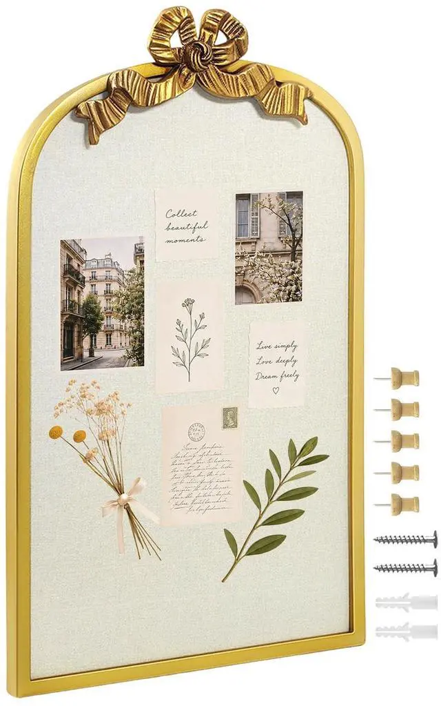 Main image of 16" x 26" Large Linen Bulletin Board with Vintage Arch Copper Frame & Bowknot, Decorative Pin Board Wall Organizer for Photos, Notes & Memo Display, Bowknot Golden-4065