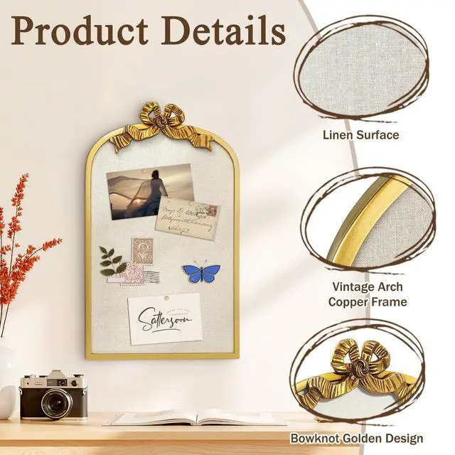 Alt view image 3 of 7 - 16" x 26" Large Linen Bulletin Board with Vintage Arch Copper Frame & Bowknot, Decorative Pin Board Wall Organizer for Photos, Notes & Memo Display, Bowknot Golden-4065