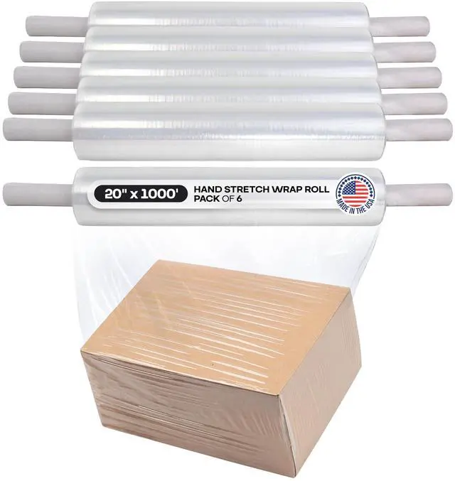 Main image of 20" x 1000' Hand Stretch Wrap Roll with Extended Core Handles (Pack of 6 Rolls) - Extra Sticky Clear Stretch Wrap Film for Moving and Packing - Tear-Resistant Plastic Wrap for Moving