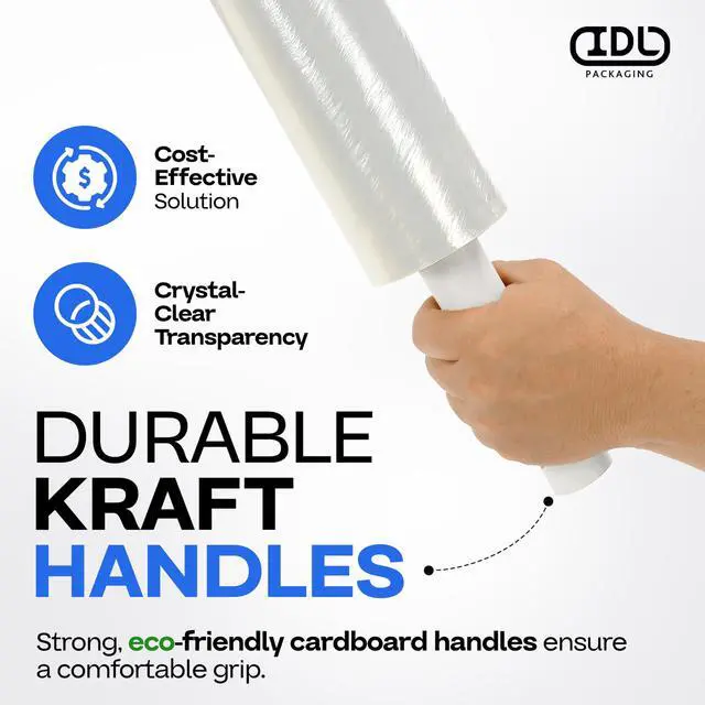 Alt view image 4 of 7 - 20" x 1000' Hand Stretch Wrap Roll with Extended Core Handles (Pack of 6 Rolls) - Extra Sticky Clear Stretch Wrap Film for Moving and Packing - Tear-Resistant Plastic Wrap for Moving
