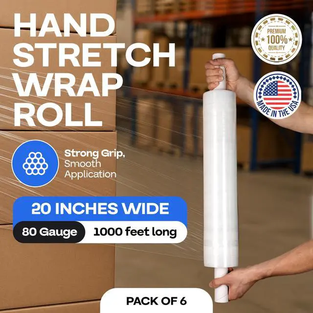 Alt view image 2 of 7 - 20" x 1000' Hand Stretch Wrap Roll with Extended Core Handles (Pack of 6 Rolls) - Extra Sticky Clear Stretch Wrap Film for Moving and Packing - Tear-Resistant Plastic Wrap for Moving