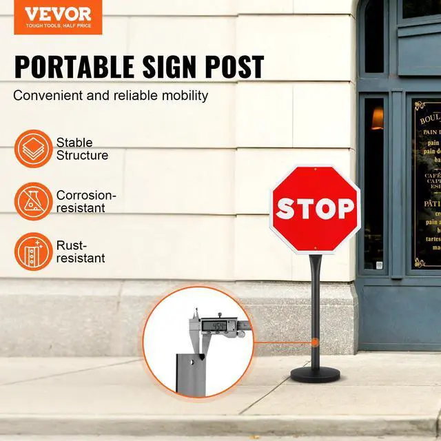 Alt view image 2 of 7 - Portable Sign Post, 1-Pack, 4 ft Tall, Metal Sign Stands with Heavy Duty Cast Iron Base, Multi-Hole Design for Easy Installation, Wind-Resistant, for Indoor and Outdoor Parking, Warning, Notice