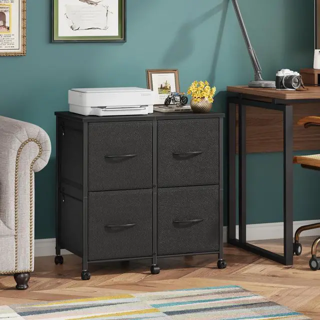 Alt view image 3 of 7 - 4 Drawer Mobile Lateral File Cabinet 23''W for Large Printer | Sturdy Metal Frame & Wood Top, Holds 50 Lbs, Casters, Fits Letter/A4 Size (No Legal), Fabric Drawer, Black