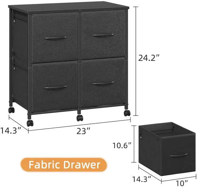 Alt view image 2 of 7 - 4 Drawer Mobile Lateral File Cabinet 23''W for Large Printer | Sturdy Metal Frame & Wood Top, Holds 50 Lbs, Casters, Fits Letter/A4 Size (No Legal), Fabric Drawer, Black