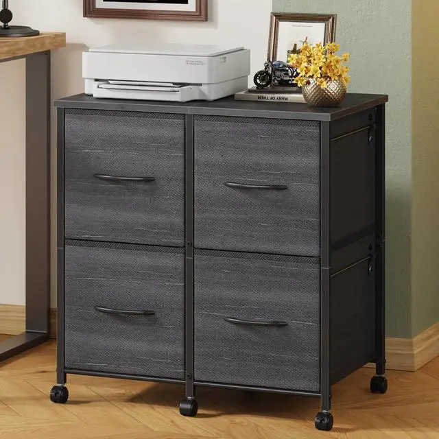 Main image of 4 Drawer Mobile Lateral File Cabinet 23''W for Large Printer | Sturdy Metal Frame & Wood Top, Holds 50 Lbs, Casters, Fits Letter/A4 Size (No Legal), Fabric Drawer, Charcoal Black Print