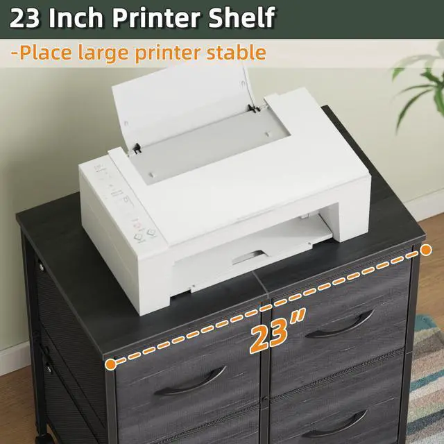 Alt view image 4 of 7 - 4 Drawer Mobile Lateral File Cabinet 23''W for Large Printer | Sturdy Metal Frame & Wood Top, Holds 50 Lbs, Casters, Fits Letter/A4 Size (No Legal), Fabric Drawer, Charcoal Black Print