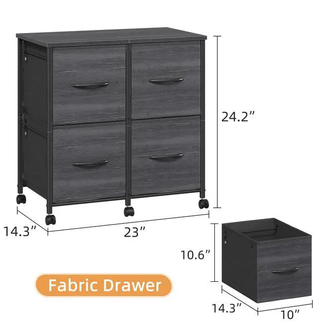 Alt view image 2 of 7 - 4 Drawer Mobile Lateral File Cabinet 23''W for Large Printer | Sturdy Metal Frame & Wood Top, Holds 50 Lbs, Casters, Fits Letter/A4 Size (No Legal), Fabric Drawer, Charcoal Black Print