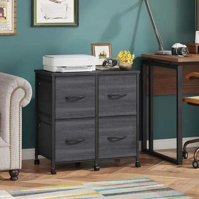 Alt view image 5 of 7 - 4 Drawer Mobile Lateral File Cabinet 23''W for Large Printer | Sturdy Metal Frame & Wood Top, Holds 50 Lbs, Casters, Fits Letter/A4 Size (No Legal), Fabric Drawer, Charcoal Black Print