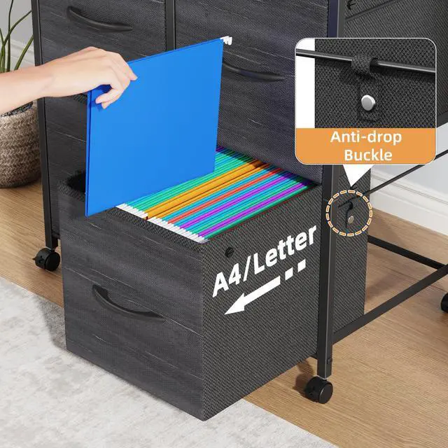 Alt view image 6 of 7 - 4 Drawer Mobile Lateral File Cabinet 23''W for Large Printer | Sturdy Metal Frame & Wood Top, Holds 50 Lbs, Casters, Fits Letter/A4 Size (No Legal), Fabric Drawer, Charcoal Black Print