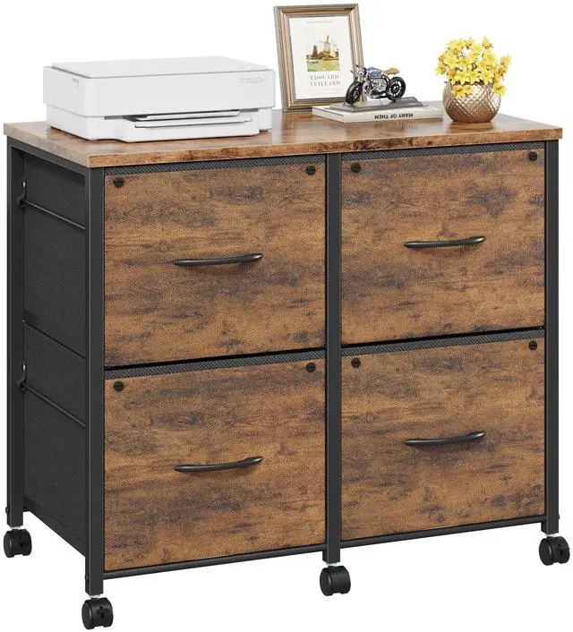 Main image of 4 Drawer Mobile Lateral File Cabinet 30.5''W for Large Printer | Sturdy Metal Frame & Wood Top, Holds 100 Lbs, Casters, Fits Letter/A4 Size (No Legal), Fabric Drawer, Rustic Brown