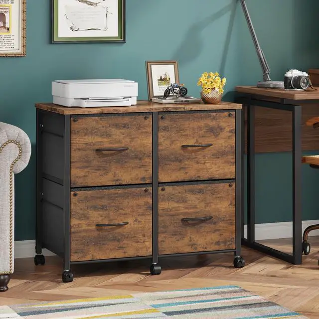 Alt view image 2 of 7 - 4 Drawer Mobile Lateral File Cabinet 30.5''W for Large Printer | Sturdy Metal Frame & Wood Top, Holds 100 Lbs, Casters, Fits Letter/A4 Size (No Legal), Fabric Drawer, Rustic Brown
