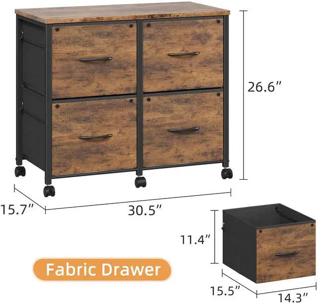 Alt view image 3 of 7 - 4 Drawer Mobile Lateral File Cabinet 30.5''W for Large Printer | Sturdy Metal Frame & Wood Top, Holds 100 Lbs, Casters, Fits Letter/A4 Size (No Legal), Fabric Drawer, Rustic Brown