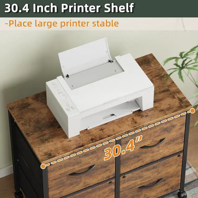 Alt view image 6 of 7 - 4 Drawer Mobile Lateral File Cabinet 30.5''W for Large Printer | Sturdy Metal Frame & Wood Top, Holds 100 Lbs, Casters, Fits Letter/A4 Size (No Legal), Fabric Drawer, Rustic Brown