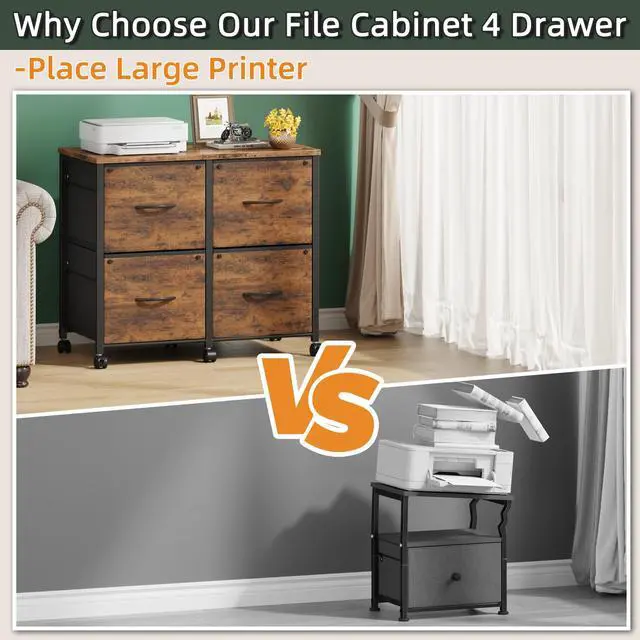 Alt view image 4 of 7 - 4 Drawer Mobile Lateral File Cabinet 30.5''W for Large Printer | Sturdy Metal Frame & Wood Top, Holds 100 Lbs, Casters, Fits Letter/A4 Size (No Legal), Fabric Drawer, Rustic Brown
