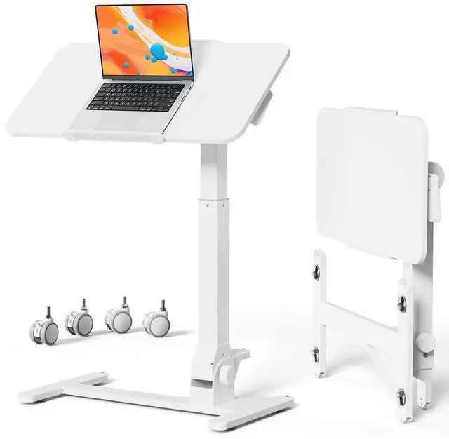 Main image of Foldable Mobile Standing Desk on Wheels, 180° Tilt Bedside Table | Height Adjustable, 31.5" White MDF Board with Lips, Collapsible Top & Base for Storage, Rolling Laptop Desk for Home Hospital