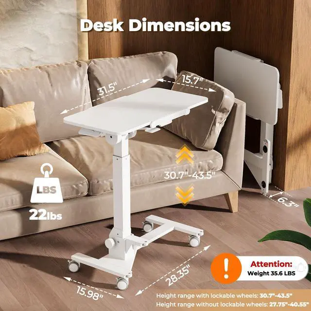Alt view image 2 of 7 - Foldable Mobile Standing Desk on Wheels, 180° Tilt Bedside Table | Height Adjustable, 31.5" White MDF Board with Lips, Collapsible Top & Base for Storage, Rolling Laptop Desk for Home Hospital