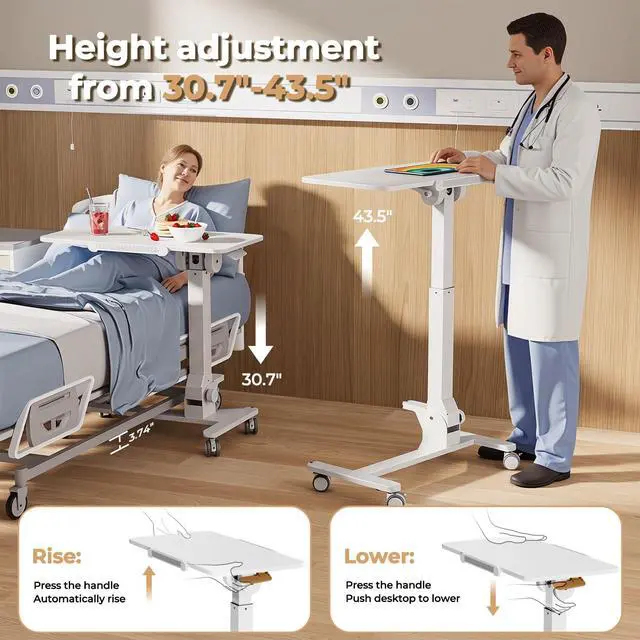 Alt view image 3 of 7 - Foldable Mobile Standing Desk on Wheels, 180° Tilt Bedside Table | Height Adjustable, 31.5" White MDF Board with Lips, Collapsible Top & Base for Storage, Rolling Laptop Desk for Home Hospital