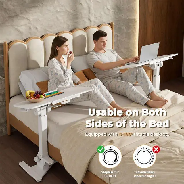 Alt view image 4 of 7 - Foldable Mobile Standing Desk on Wheels, 180° Tilt Bedside Table | Height Adjustable, 31.5" White MDF Board with Lips, Collapsible Top & Base for Storage, Rolling Laptop Desk for Home Hospital
