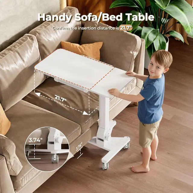 Alt view image 6 of 7 - Foldable Mobile Standing Desk on Wheels, 180° Tilt Bedside Table | Height Adjustable, 31.5" White MDF Board with Lips, Collapsible Top & Base for Storage, Rolling Laptop Desk for Home Hospital