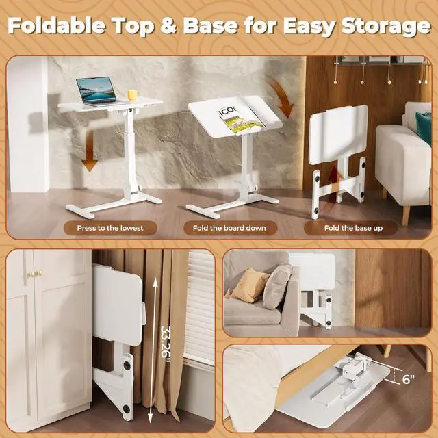 Alt view image 7 of 7 - Foldable Mobile Standing Desk on Wheels, 180° Tilt Bedside Table | Height Adjustable, 31.5" White MDF Board with Lips, Collapsible Top & Base for Storage, Rolling Laptop Desk for Home Hospital