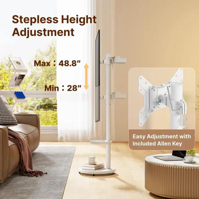 Alt view image 2 of 7 - Rolling TV Stand for 13-43" TVs, 33 lbs, White | Compact mobile TV cart, portrait or landscape rotation, adjustable storage box and shelf, VESA up to 200x200