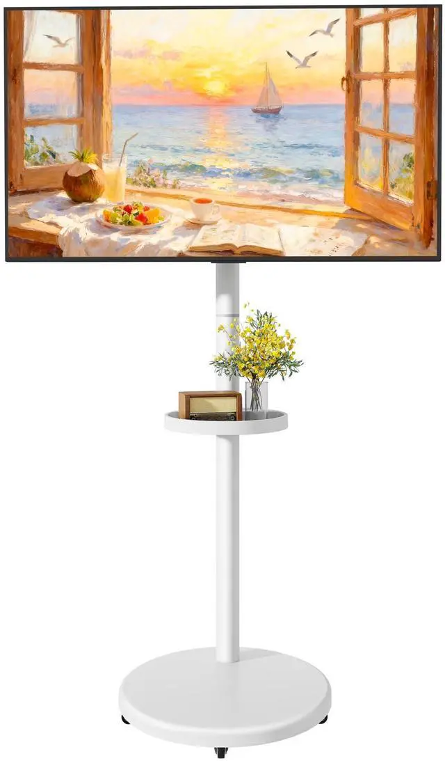 Main image of Rolling TV Stand for 13-43" TVs, 33 lbs, White | Compact mobile TV cart, portrait or landscape rotation, adjustable storage box and shelf, VESA up to 200x200