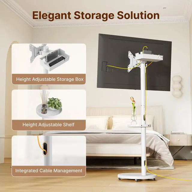 Alt view image 5 of 7 - Rolling TV Stand for 13-43" TVs, 33 lbs, White | Compact mobile TV cart, portrait or landscape rotation, adjustable storage box and shelf, VESA up to 200x200